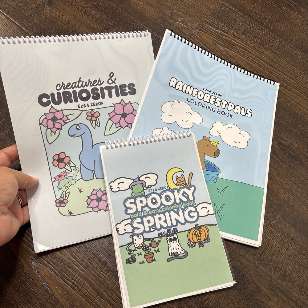 Ezra Zerof Coloring Book Lot - Plastic Comb Binding Hand Drawn Bold & Easy